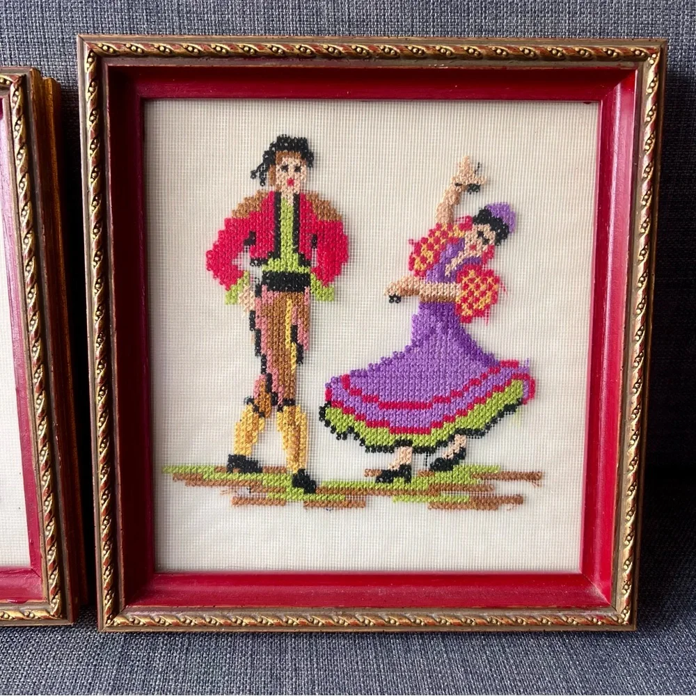 Vintage Needlepoint Set woman with parasol & matador and woman beautiful framed